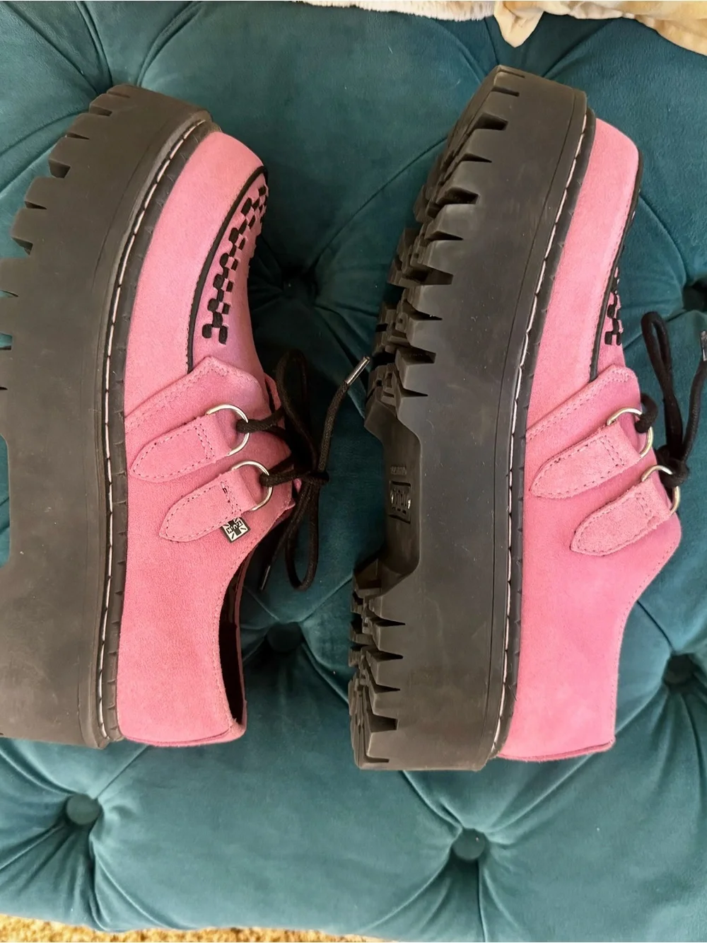 T.U.K. Pink Suede Platform Lace-Up Creepers with Black Accents